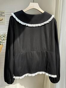 SHEIN EZwear 大码优雅刺绣单排扣荷叶领灯笼袖衬衫 - 彩色 - 查看 2