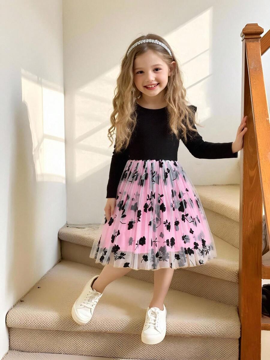 SHEIN Elladie kids 少女碎花网纱荷叶边收腰长袖连衣裙，时尚派对及假日风格，秋/春季 - 彩色 - 查看 1