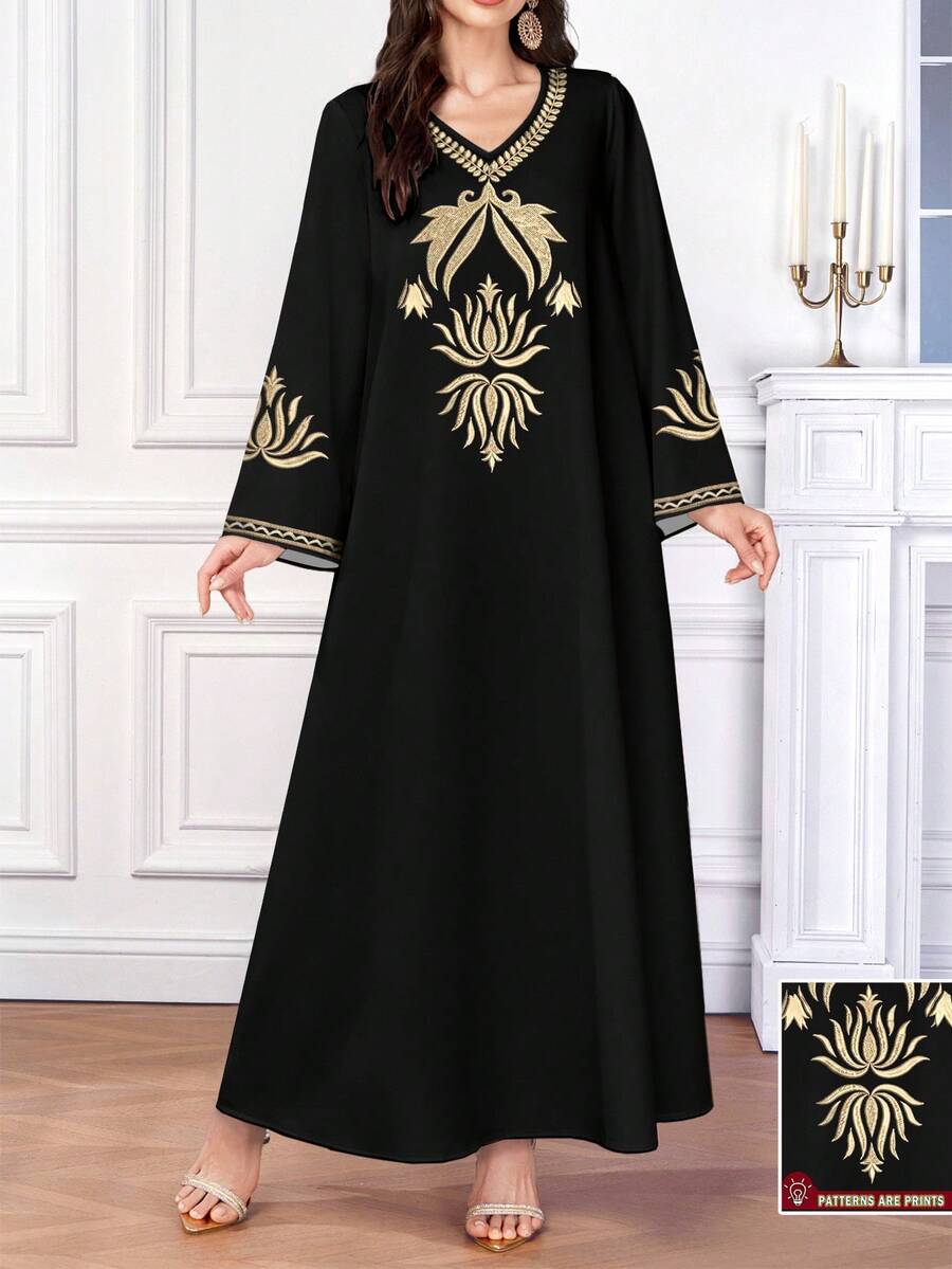Al Najma Women's Elegant Arabic Style V-Neck Long Sleeve Dress, Black With Golden Lotus Embroidery-Like Print, Suitable For Spring/Summer - Multicolor - View 1