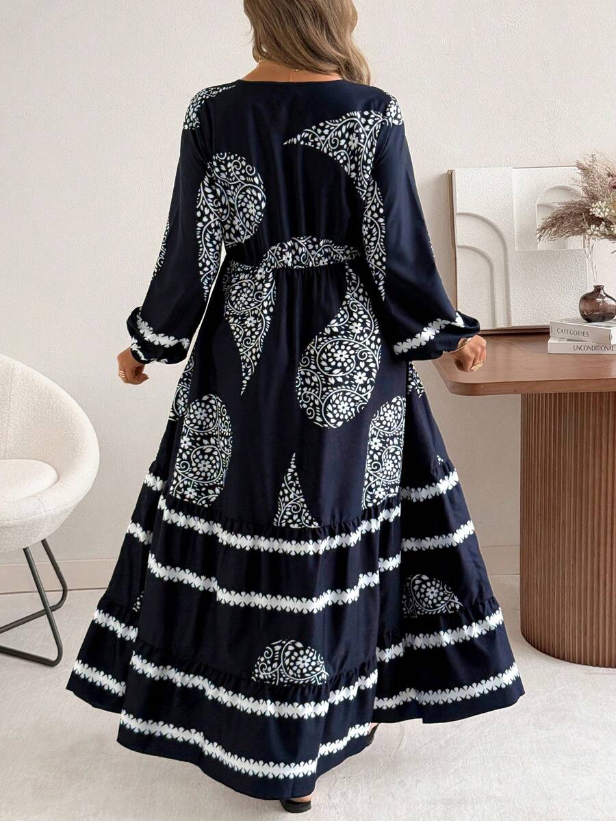 Ceyna 大码V领长袖休闲度假梭织连衣裙，春夏款 - 藏蓝色 - 查看 1