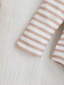 SHEIN Newborn Baby Girl Casual Cute Striped Cartoon Pattern Long Sleeve Romper Outfit Set - Apricot - View 6