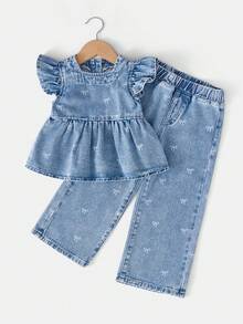 Young Girl Cute Bow Print Puff Sleeve Denim Top And Jeans Set, Suitable For Casual Daily Fashion Wear, City Walk Girl Essential Item, Minimalist Versatile Daily OOTD Photo Shoot And Outing - Medium Wash - View 1