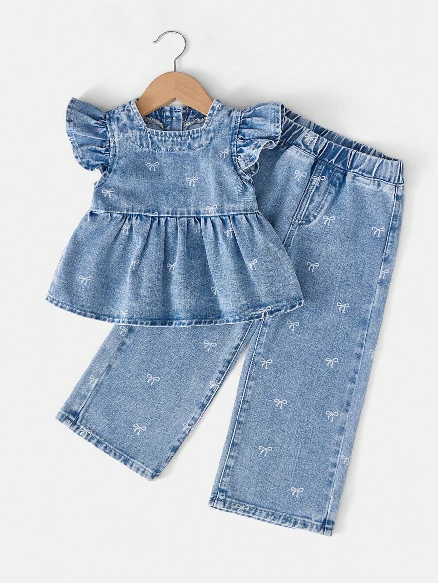 Young Girl Cute Bow Print Puff Sleeve Denim Top And Jeans Set, Suitable For Casual Daily Fashion Wear, City Walk Girl Essential Item, Minimalist Versatile Daily OOTD Photo Shoot And Outing - Medium Wash - View 1