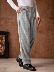 Business Casual AKNOTIC 男士人字纹斜插口袋休闲裤，适合圣诞派对、通勤、商务场合、送给男友的礼物、节日之选 - 灰色 - 查看 3