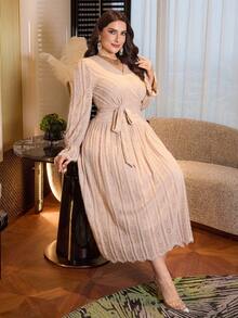 Modelyn 大码纯色蕾丝长袖优雅休闲连衣裙 - 杏色 - 查看 5