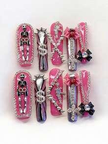 ROMWE Anime 10 Spice Girls Diablo Rivets Skull Fake Nail Pads And A Piece Of Double-Sided Tape - Hot Pink - View 3