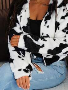 SAYEHFBABY 女式秋季新款奶牛印花蓬松连帽开衫夹克 - 黑與白 - 查看 3