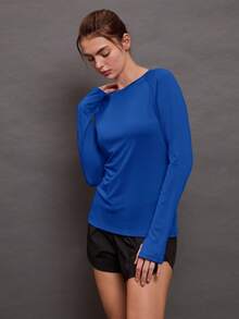 Activina Camiseta casual de fitness con mangas raglán de unicolor para mujer - Azul - Ver 4