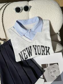 SHEIN 女童时尚宽松休闲翻领上衣 + 条纹格纹百搭A字裙，学院风