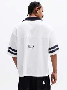SUMWON Oversized Fit Numbered Polo Shirt With Navy Collar And Sleeve Stripes For Casual Wear - White - View 2