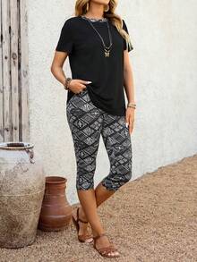EMERY ROSE 两件套女士休闲几何印花短袖T恤和打底裤套装 - 黑色 - 查看 7