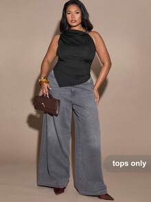 SHEIN BAE Plus Size Women's Black Asymmetrical Shoulder Irregular Hem Sleeveless T-Shirt,Elegant,Formal,Autumn Evening Night Party,Casual Versatile Solid Top - Multicolor - View 1