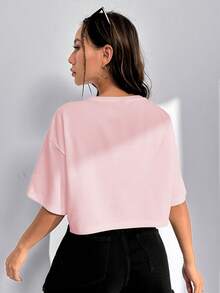 SHEIN EZwear Áo thun nữ mùa xuân/hè mới, cổ tròn, vai rớt, chất liệu dệt kim, in chữ, màu hồng, thích hợp mặc thường ngày, áo thun nữ tay ngắn, áo kiểu nữ mùa hè, áo phông nữ. - Hồng - Xem 2