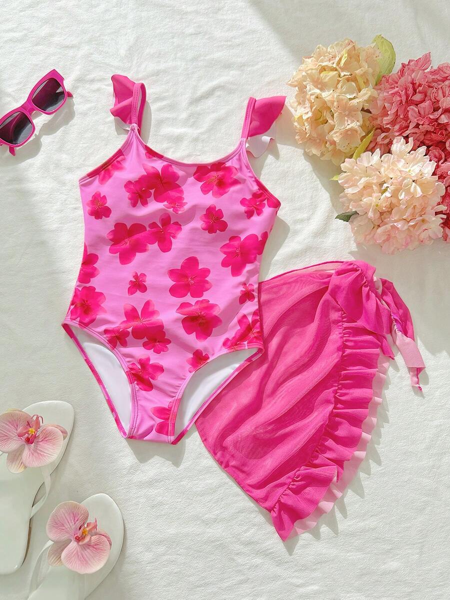 SHEIN 少女碎花荷叶边连体泳衣，带罩裙，适合游泳、度假、夏季海滩 - 粉色 - 查看 1