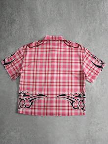 ROMWE MEN Street Life Áo sơ mi nam tay ngắn kẻ caro, dáng rộng - Đỏ - Xem 3