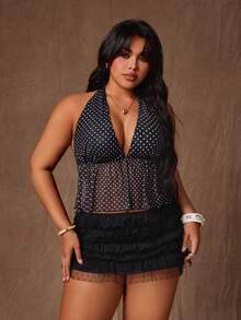 Rustia Plus Size Fashionable Sheer Deep V Polka Dot Spaghetti Strap Backless Camisole - Black and White - View 6