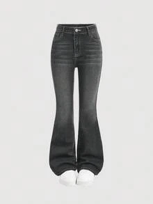 SHEIN Girlism Quần jeans ống loe dáng casual đa năng dành cho bé gái tuổi teen, thêu chữ và có túi. - màu đen - Xem 2