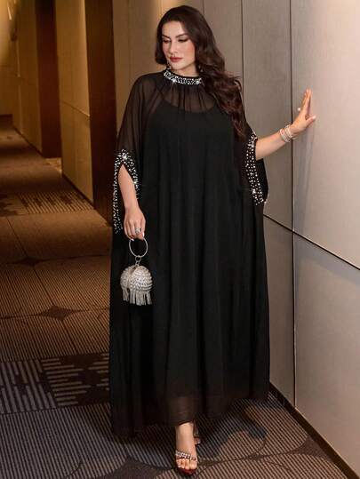 Modelyn Chiffon Mandarin Collar Pearl Decor Romantic Cute Fashionable Loose Pullover Sweater Paired With Fitted Knit Tube Dress, Black, Plus Size 2-Piece Set For Women