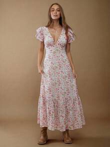 WESTFADE 印花雪纺V领荷叶袖层叠荷叶边长款连衣裙，适合秋季、冬季穿着，也可作为纳什维尔乡村音乐会服装，休闲、可爱、波西米亚风、西部风格女装。 - 粉色 - 查看 5