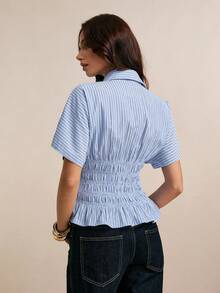 Poéselle 女士休闲通勤条纹蝙蝠袖收腰衬衫，夏季 - 藍色 - 查看 7