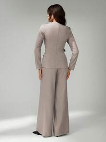 SHEIN Tall Women's Elegant Commuting Daily Versatile Street Fashion New Asymmetric Lapel Button Waist Long Sleeve Blazer And High Waist Long Pants Khaki Gray 2 Pieces Suit Set