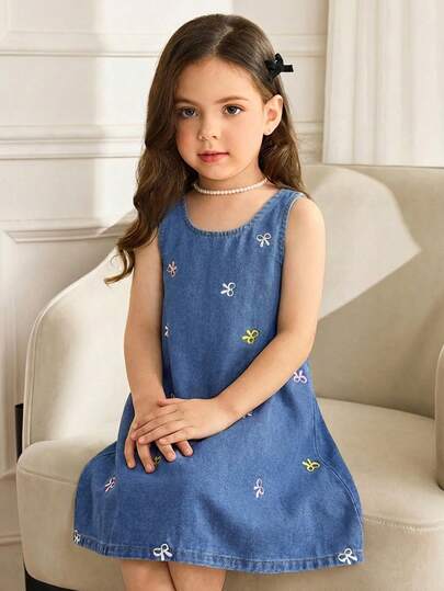 Young Girl' Colorful Bow Decor Loose Denim Sleeveless Dress,Summer Outfits,Casual And Fashionable Vacation Outfits,Comfortable And Soft Denim,Comfortable And Soft Denim  Dress