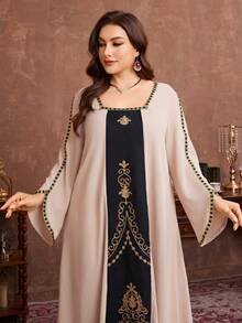 Al Najma Plus Size Women's Elegant Embroidered Patchwork Long Loose Dress, Suitable For Spring And Autumn - Apricot - View 4