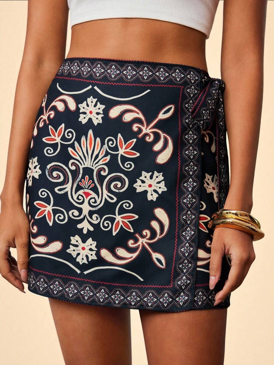 Travachic 女士时尚热带度假系带短裙，适合狂欢节、春假、夏季、情人节、海滩、休闲度假、外出等场合，波西米亚风短裙 - 黑色 - 查看 1