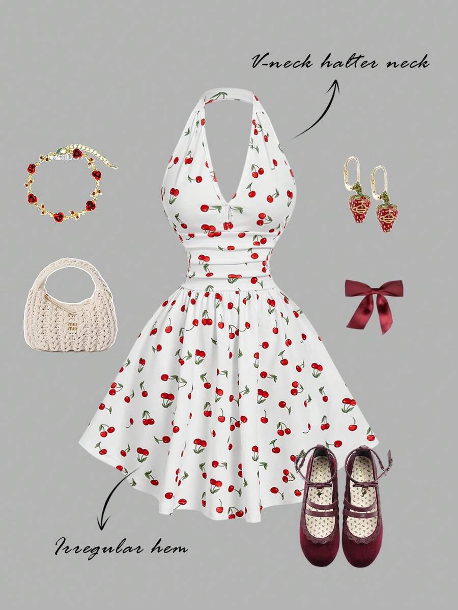SHEIN MOD Women's Halter Backless Cherry Print Ruched Waist Elegant Mini Party Dress Cherry Clothes Picnic Outfit Summer Clothes Set Amusement Park Outfit Strawberry Clothes, Valentine's Day, Carnival Costume - Red and White - View 1