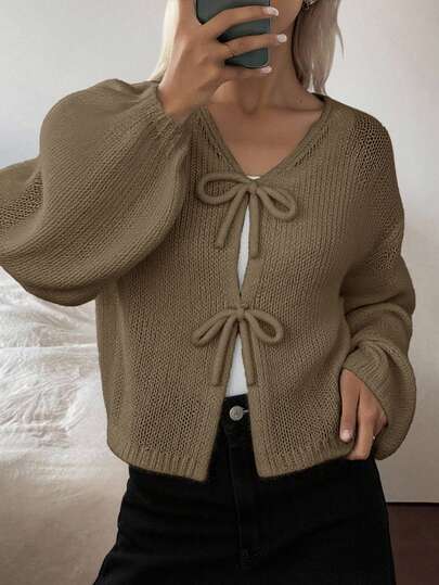 DAZY Cárdigan suelto y casual con cuello en V y lazo, de estilo nuevo, para otoño/invierno