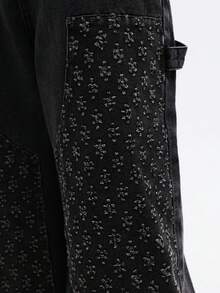 SUMWON Oversized Wide Leg Carpenter Blocking Jeans With Small Floral Print Pattern Contrast Denim Panels Utility Pockets Relaxed Fit Casual - Black - View 5