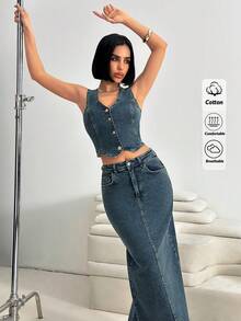 SHEIN Woman Denim Two Pieces Vest And Skirt Set Comfort Stretch Fabric - Medium Wash - View 1