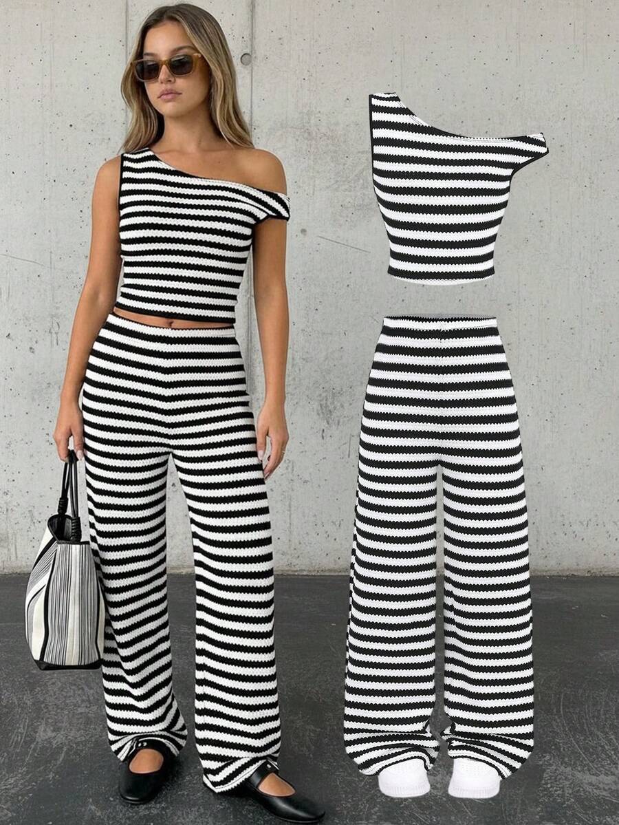 SHEIN Teen Girl Striped Print Asymmetrical Neck Tank Top & Wide Leg Pants - Black and White - View 1