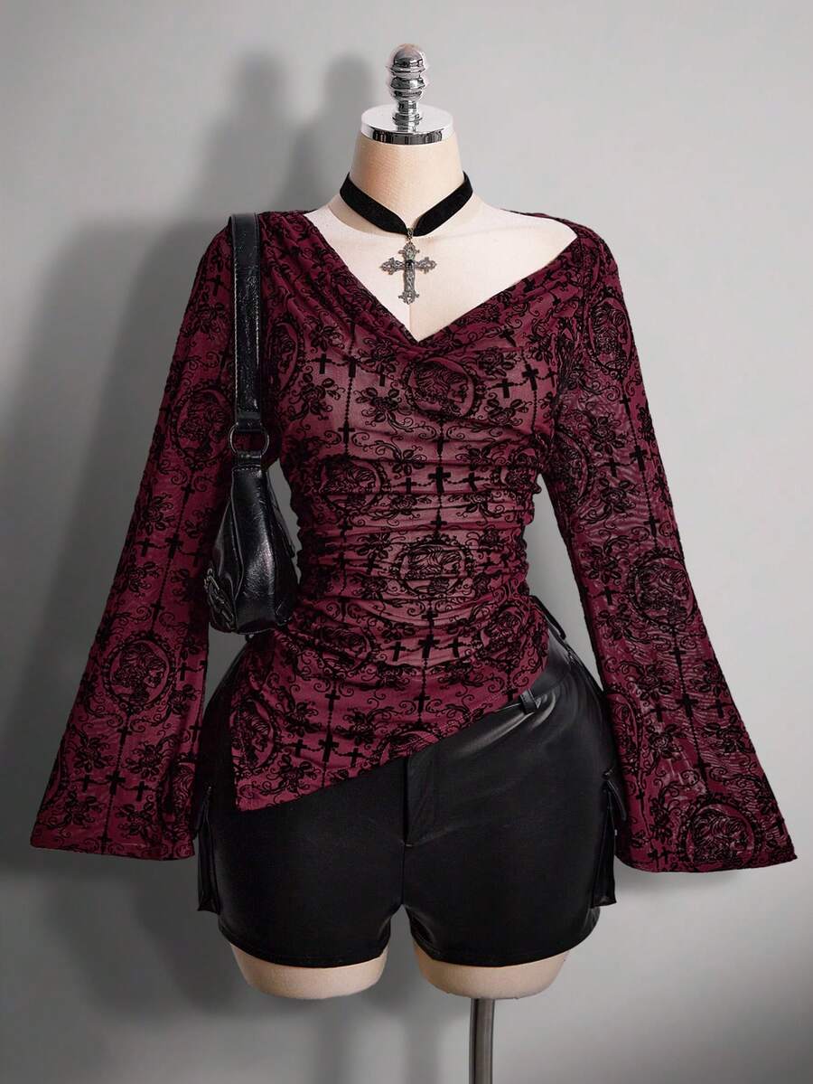 SHEIN ICON 秋季加大码女式西部波西米亚复古哥特风露肩扎染印花不对称下摆长袖喇叭袖时尚T恤 - 酒紅色 - 查看 1
