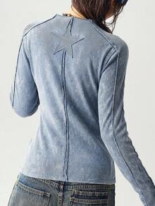 Bohemela Áo thun dài tay nữ màu trơn, chất liệu dệt kim, kiểu dáng thường ngày, đã qua xử lý giặt. - Màu xanh lam - Xem 7