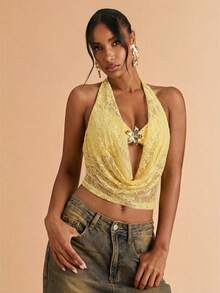 SHEIN BAE Women's Vacation Casual Sexy Plunging Neck Backless Lace Blouse - Yellow - View 4