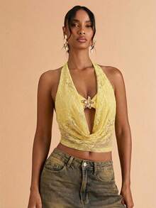 SHEIN BAE Women's Vacation Casual Sexy Plunging Neck Backless Lace Blouse - Yellow - View 5