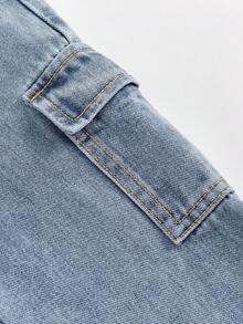 SHEIN Playful Pals 男童时尚街头时尚石洗工装口袋宽松浅蓝色牛仔裤