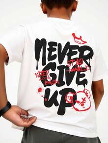 Coolqubz Summer Boys' Street Fashion Casual Versatile Letter Graphic Print Loose Knit Short Sleeve T-Shirt - White - View 3