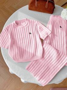 Comfortcana Bộ áo len cổ tròn tay ngắn màu trơn, chất liệu dệt kim gân, kiểu dáng thường ngày, thoải mái. - Hồng - Xem 5