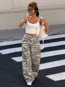 SHEIN EZwear Women's Loose Casual Zebra Print Wide Leg Pants With Pockets - Multicolor - View 7