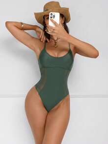 Shapewave 女士网纱拼接抽绳收腹提臀连体泳衣，黑色网纱圆领 - 墨綠色 - 查看 6