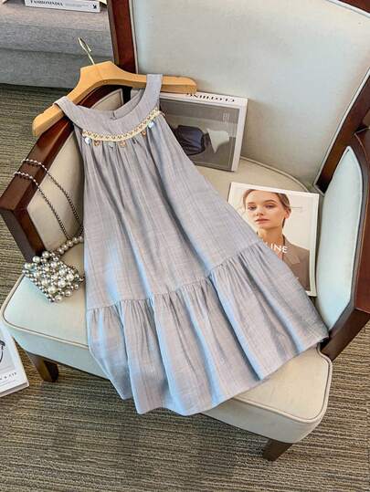 GlowEve CURVE Plus Size Faux Linen Texture Fabric Double Layer Ruffle Hem Collar Shell Trim Sleeveless Elegant Casual Camisole Top For Outing, Commute, Casual Date, Party, Vacation