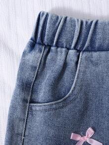 SHEIN Young Girl' Fashionable Cute Street Style Heart Embroidery Loose Fit Straight Leg Jeans - Blue - View 3