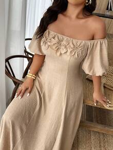 SHEIN LUNE Robe casual grande taille de couleur unie avec épaule asymétrique et décoration florale 3D - Kaki - Voir 7
