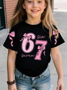 SHEIN T-shirt court décontracté de base pour filles préadolescentes, avec imprimé graphique de numéro 67, nœud en dentelle et slogan. Confortable pour le port quotidien, styles cosy pour l'été et l'automne, convient pour le printemps, l'été et l'automne - Noir - Voir 3