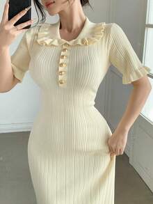 DAZY Women's Elegant Solid Color Ruffle Collar Knit Dress, Summer - Beige - View 6