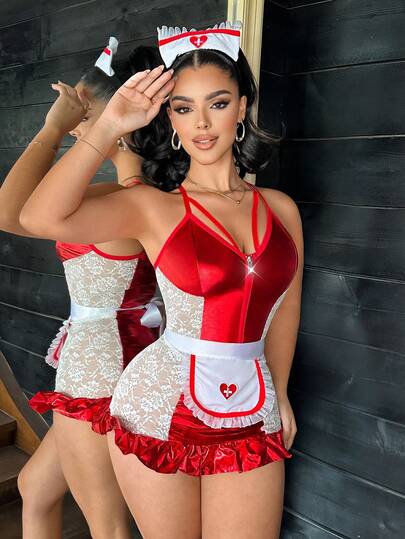 3pcs Nurse LadyBoss Uniform Zipper Coated Reflective Floral Lace Patchwork Contrast Color Bodycon Skirt, Slimming Effect, Charming Office Lady, Bar, Party Wear, Valentine's Day Romantic Gift, Women Costume