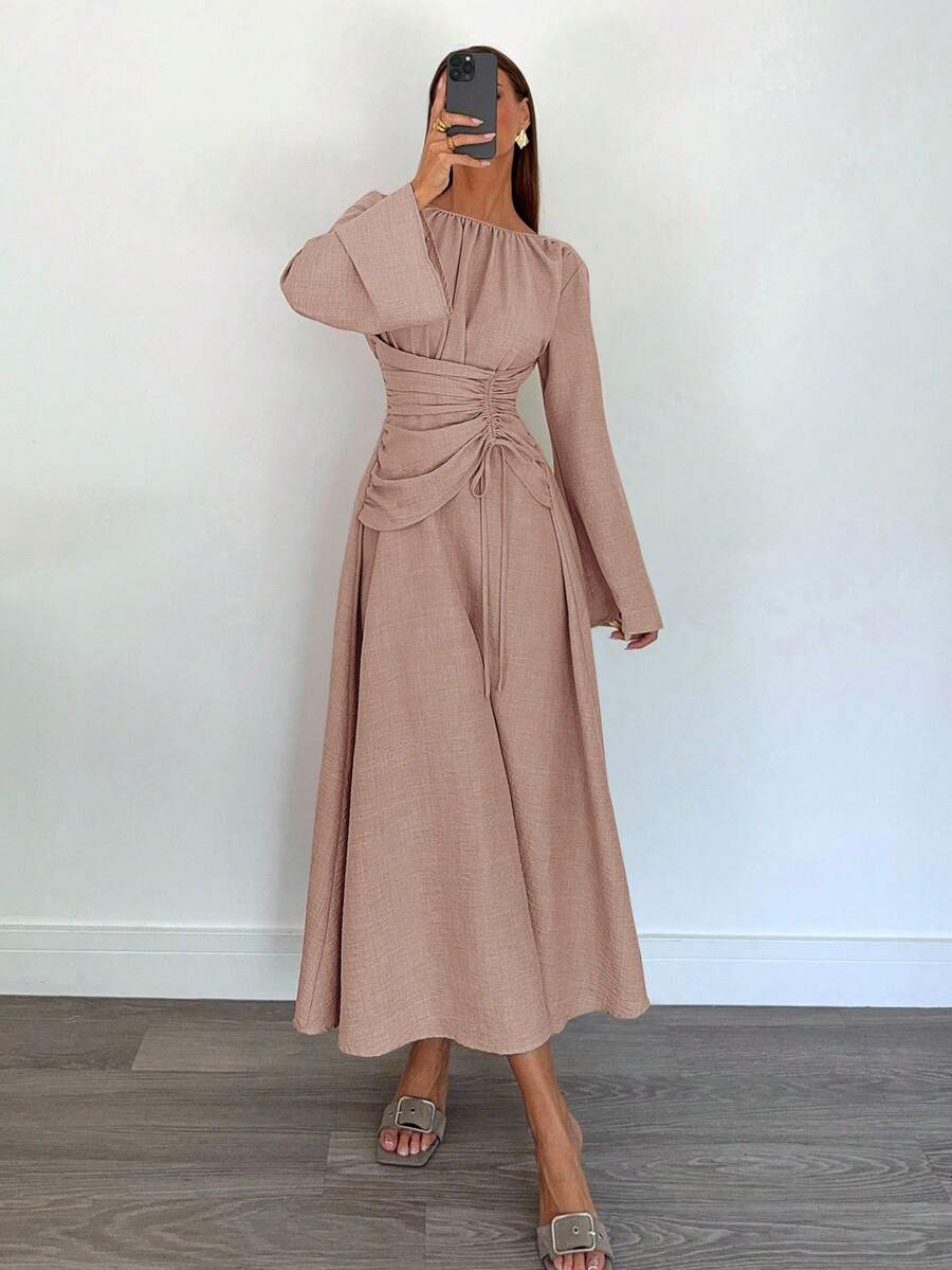 Siren Gaze Women's Solid Color Boat Neck Long Sleeve Ruched Dress - Baby Pink - View 1
