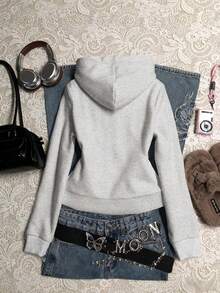 Glimmora Women's Casual Everyday Commute Versatile Letter Embroidery Zip-Up Sweatshirt - Grey - View 2